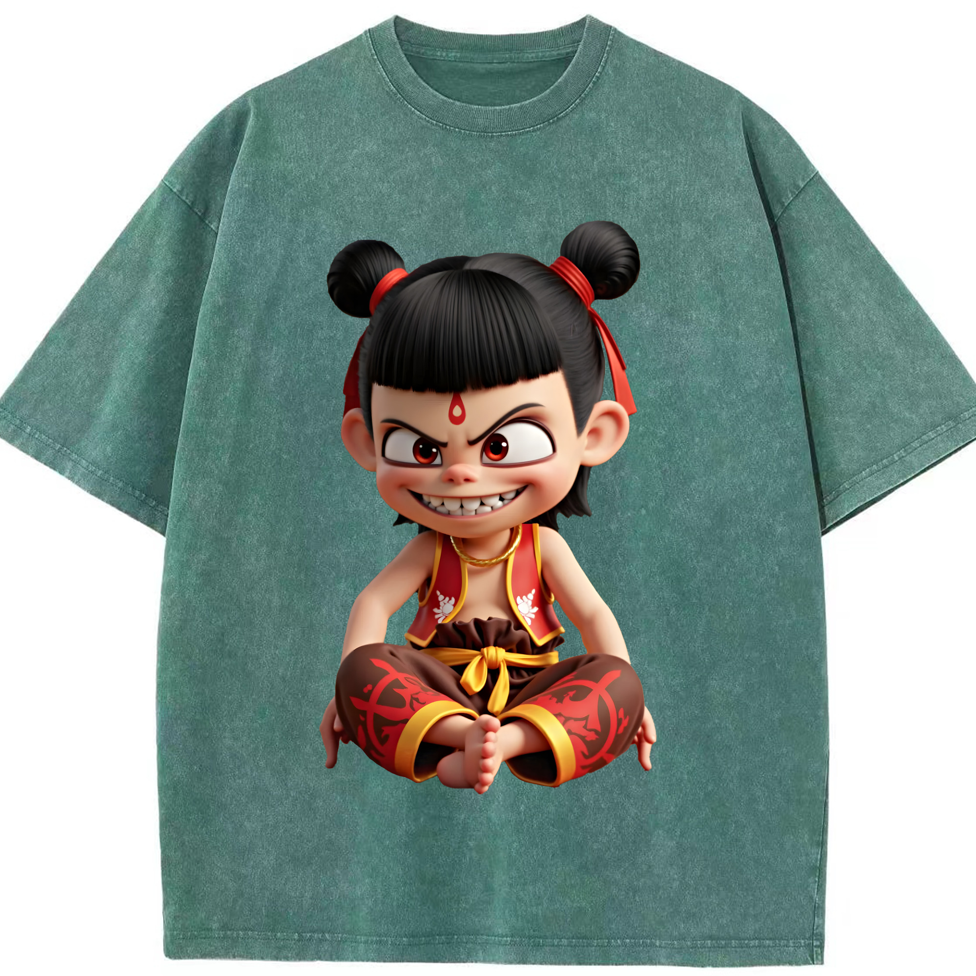 （画像用） Ne Zha 2 ナタ 魔童の大暴れ 綿100% ヴィンテージ風 半袖Tシャツ（フロントプリント）